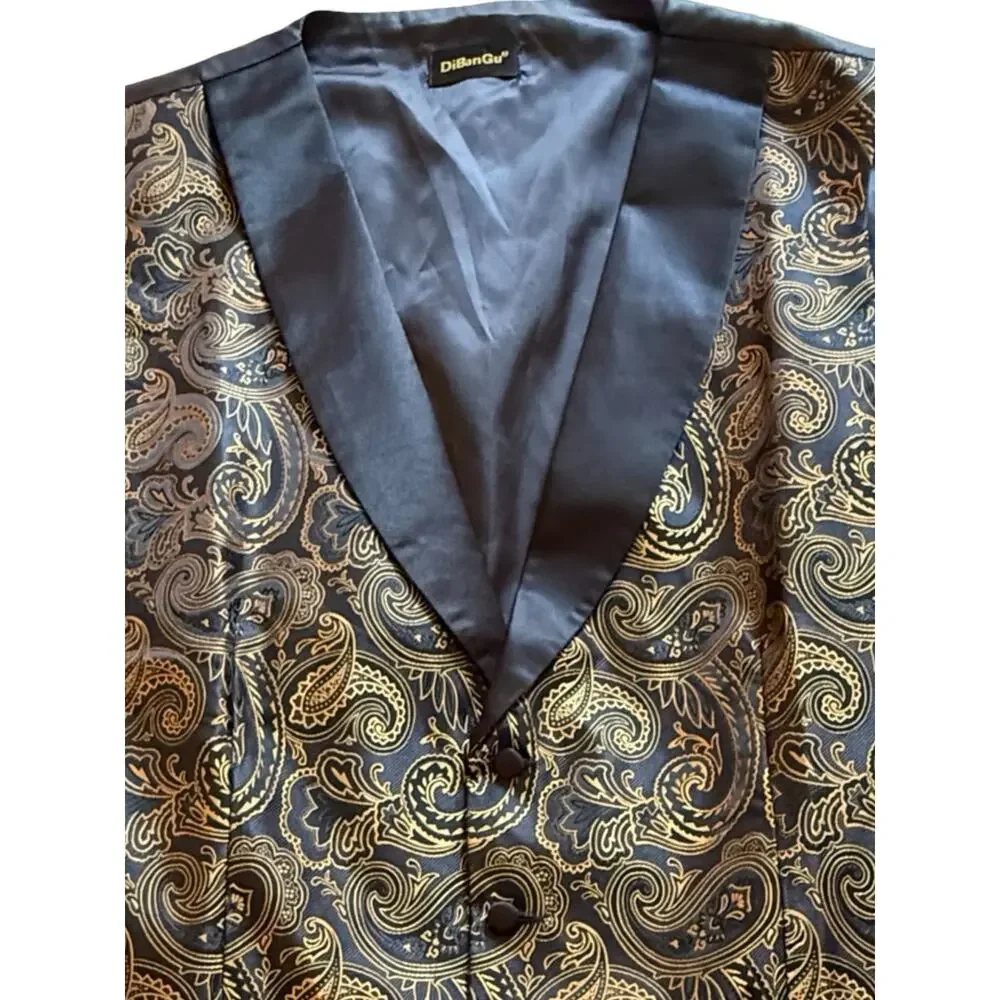 Tuxedo Waistcoat Mens Size 3XL Black Gold Paisley Formal Vest Adjustable EUC
